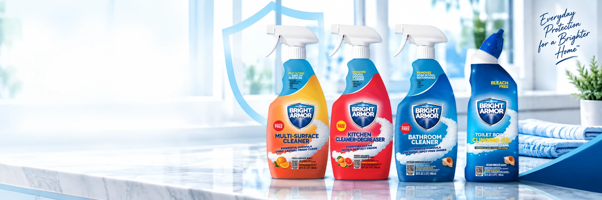 The Bright Armor cleaning collection on a bright kitchen counter.